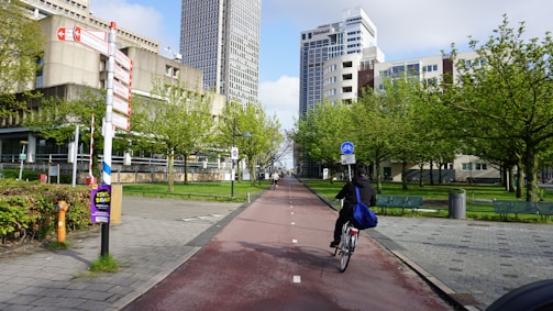 A cyclist rides along a designated bike path in an urban setting, surrounded by modern high-rise buildings and lush green trees. The path is flanked by sidewalks and there are signs indicating directions and biking rules. The sky is partially cloudy, providing a bright and clear atmosphere.