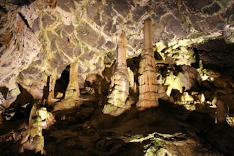 A cavern with large stalagmites rising from the ground, illuminated by strategically placed lights. The rocky surfaces of the cave walls and ceiling are highlighted, showing intricate textures and varying shades of brown and green.