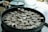 A large metal steamer filled with neatly arranged dumplings, each with a crinkled appearance, indicating they are ready to be cooked or recently cooked. The background displays various kitchen items including a light blue pot, suggesting a culinary setting.