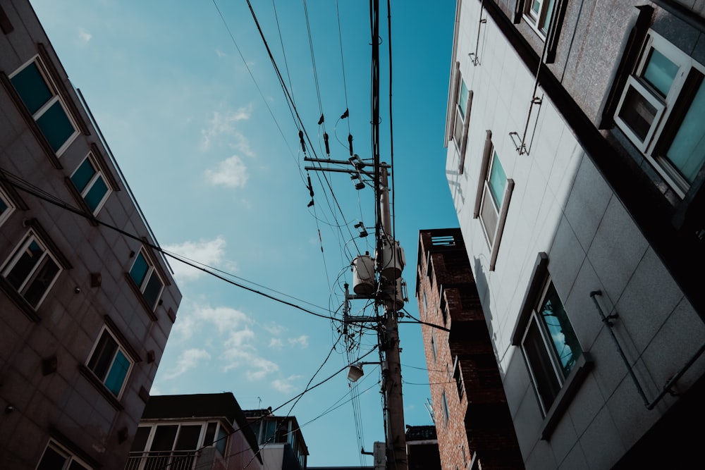 a street view looking up at a telephone pole
