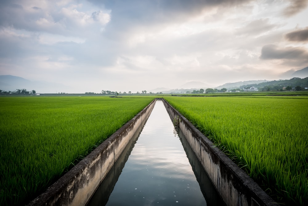 a long canal running through a lush green field