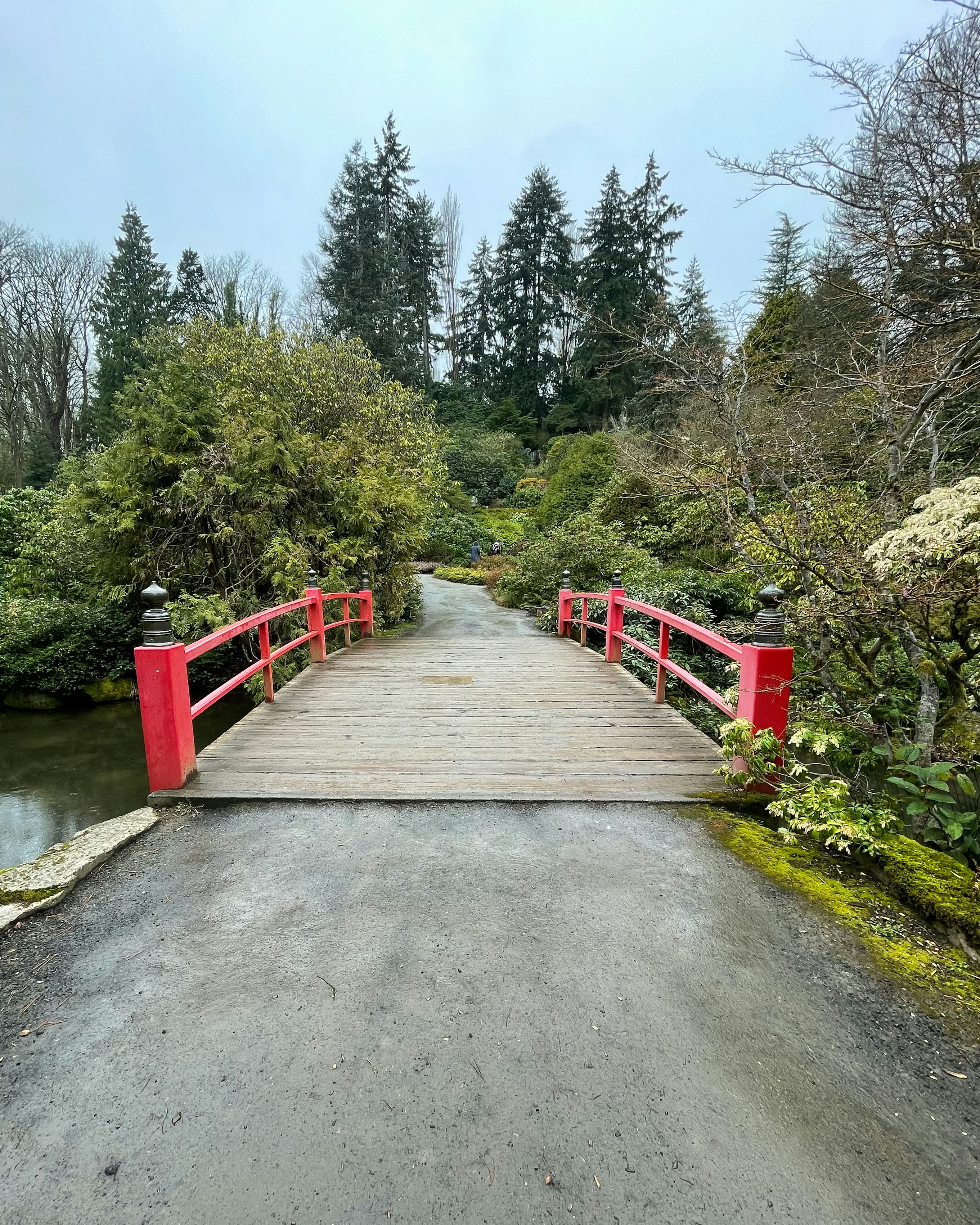 a red bridge over a small stream in a park