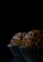 Close-up of a hand delicately holding a glossy Savione chocolate truffle against a matte black background.