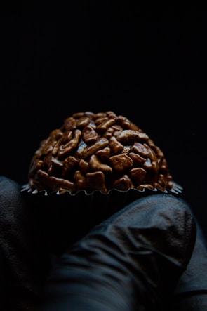 A chocolate confection with a rough texture is held by gloved fingers, set against a dark background, creating a contrast that highlights the dessert's details.