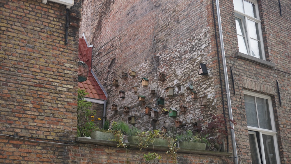 a brick building with a bunch of plants growing out of it