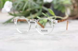 A pair of clear eyeglasses with brown temples rests on a light-colored surface, with blurred green foliage in the background. The glasses have a distinctive round frame design typical of classic optical styles.