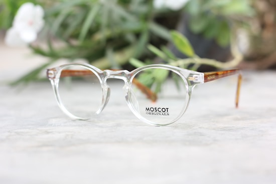 A pair of clear eyeglasses with brown temples rests on a light-colored surface, with blurred green foliage in the background. The glasses have a distinctive round frame design typical of classic optical styles.