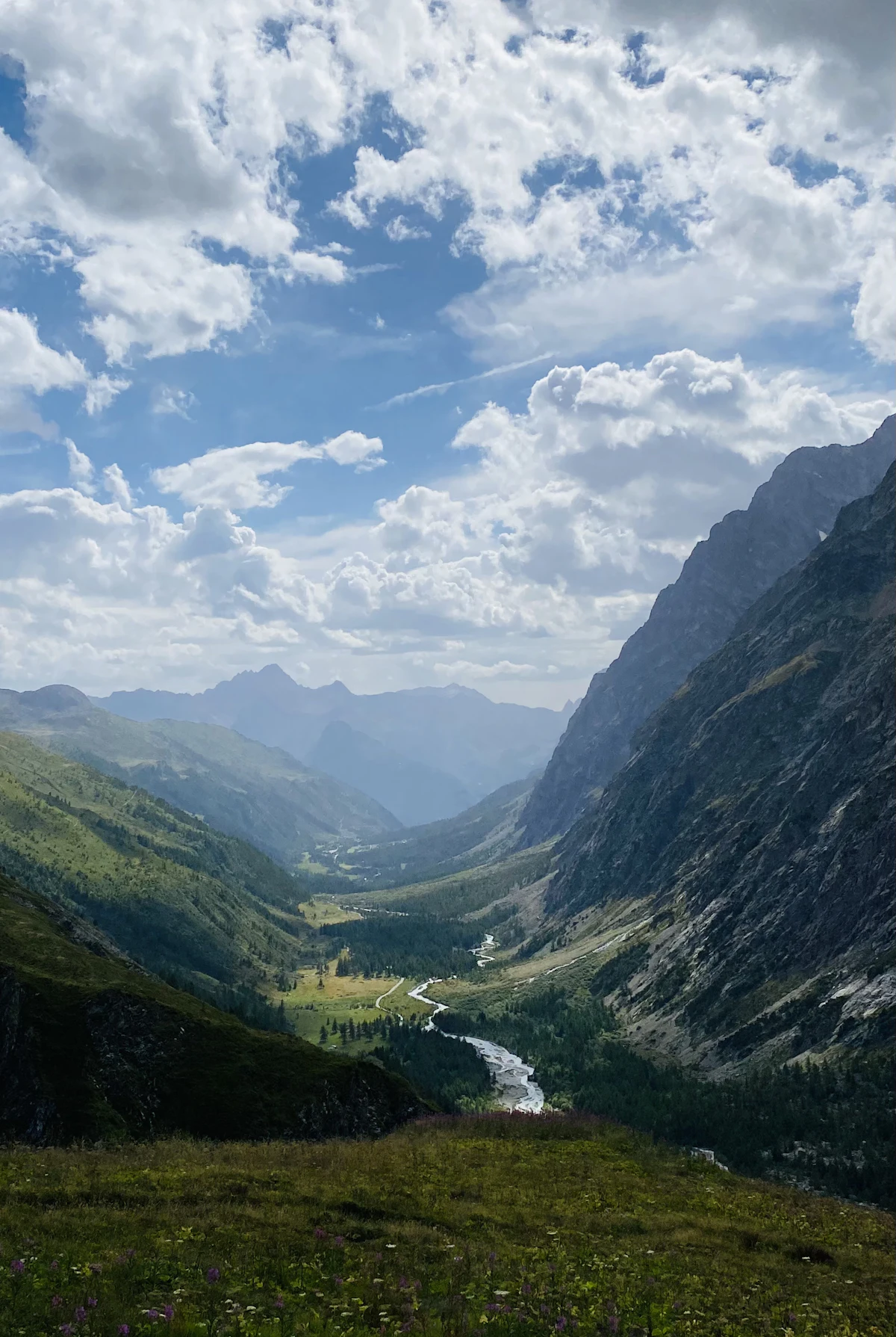 Val Ferret near Courmayeur seen from above, a river winding along the green valley floor between steep slopes