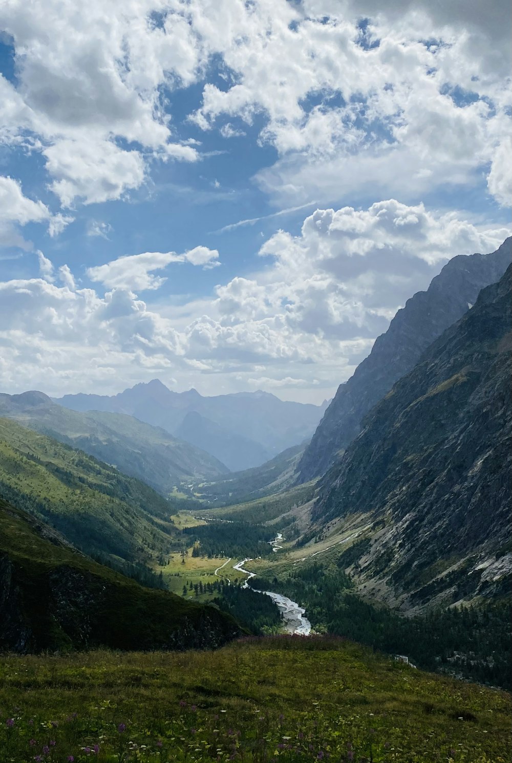 a view of a valley with mountains in the background