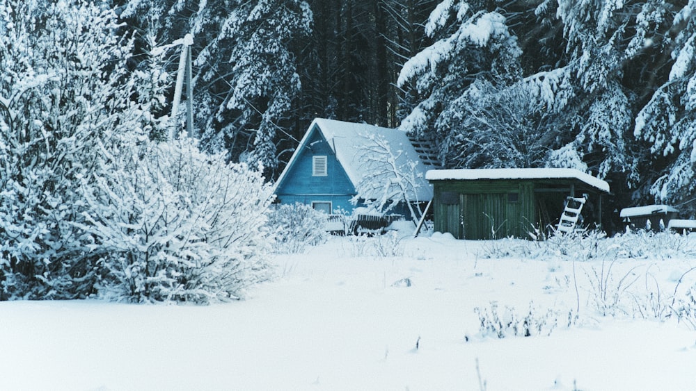 a cabin in the woods covered in snow