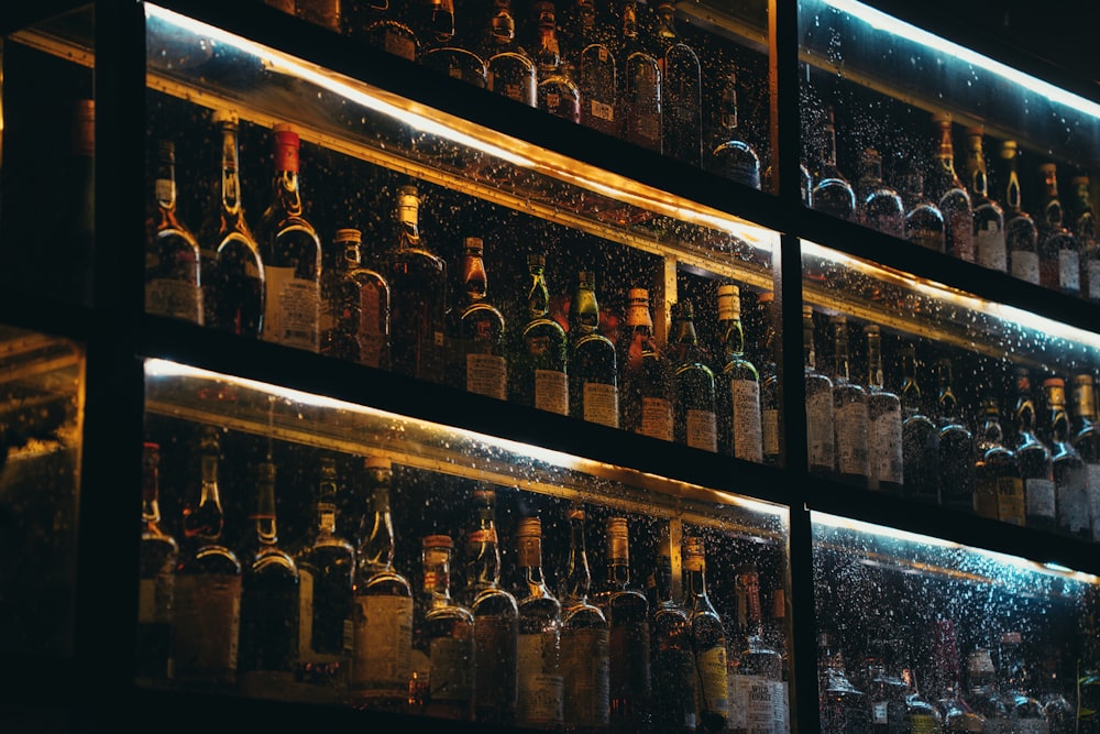 bottles of wine are lined up on a wall