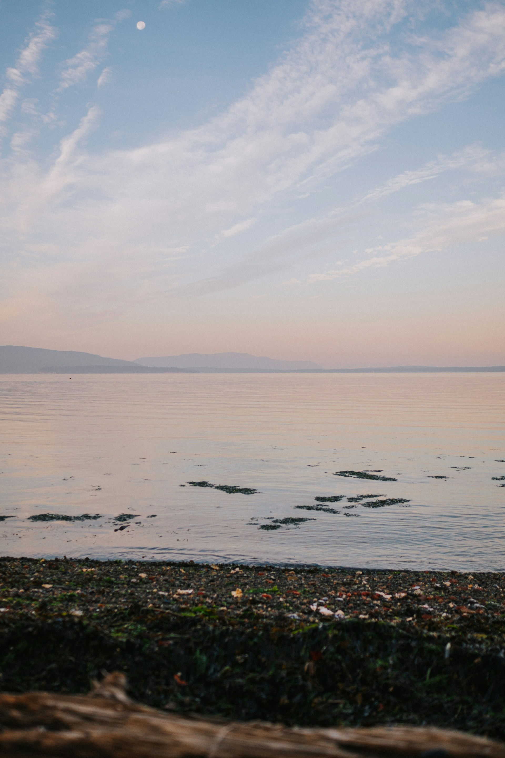 A peaceful horizon at dawn where the calm sea meets the pastel colors of the rising sun, with gentle ripples on the water.