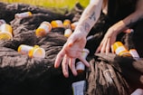 A hand reaching out over a pile of orange prescription pill bottles scattered on a black fabric. The arm has visible tattoos, and there are grassy surroundings suggesting an outdoor area.
