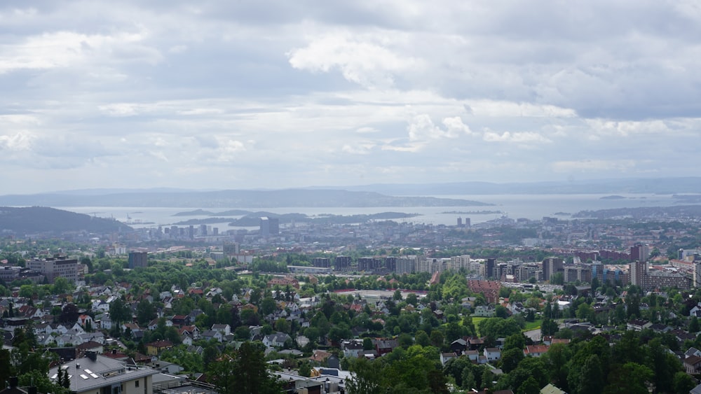 a view of a city with a lake in the distance