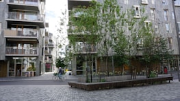 Urban scene featuring a street with modern apartment buildings and trees. A person is riding a bicycle across the paved area. The buildings have balconies and large windows, and there are several benches under the trees.