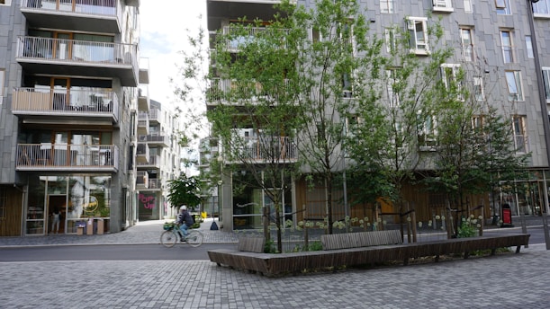 Urban scene featuring a street with modern apartment buildings and trees. A person is riding a bicycle across the paved area. The buildings have balconies and large windows, and there are several benches under the trees.