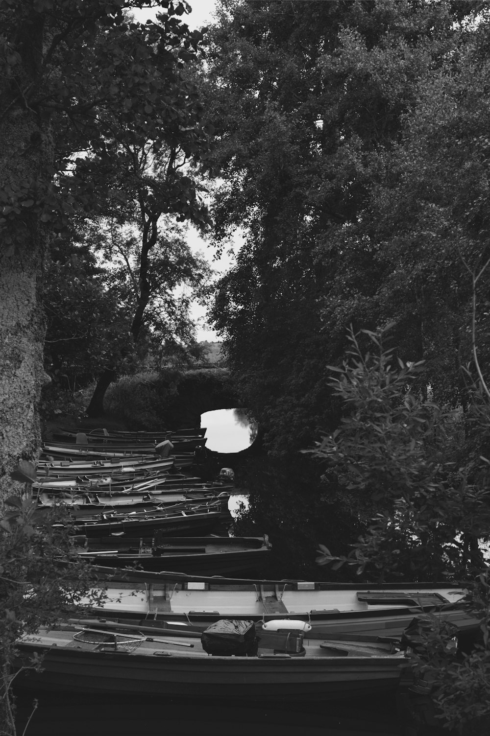 Une photo en noir et blanc d’une rangée de bateaux