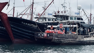 Several fishing boats are docked closely together, with visible masts and rigging. The boats have a black and red color scheme and display identification numbers in white. Red buoys and lifebuoys are attached to one of the boats, adding to the maritime equipment visible on the decks.