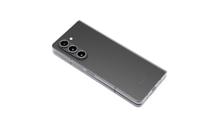 A modern smartphone with a sleek, foldable design is displayed against a white background. The device features three lenses and a flash in a vertical arrangement, highlighting its camera capabilities. Its minimalist and elegant appearance is emphasized by the smooth, dark surface.