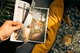 A hand holds open a magazine featuring a picturesque image of a cottage surrounded by lush greenery. The background includes a gray sofa with yellow and floral patterned cushions, creating a cozy setting.