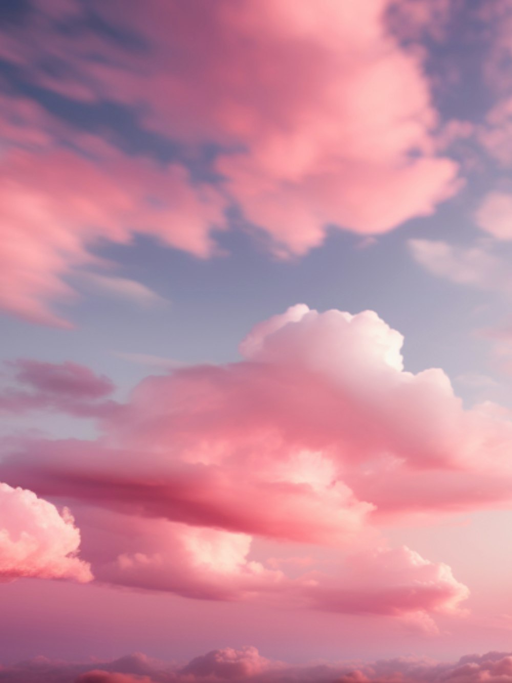a pink cloud filled sky with a plane flying in the distance