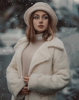 A young woman stands outdoors, dressed in a fluffy cream coat and matching hat. Light snowflakes fall around her, and her gaze is directed to the side. Her brown hair and neutral makeup complement the winter setting, which has a blurred, muted background.