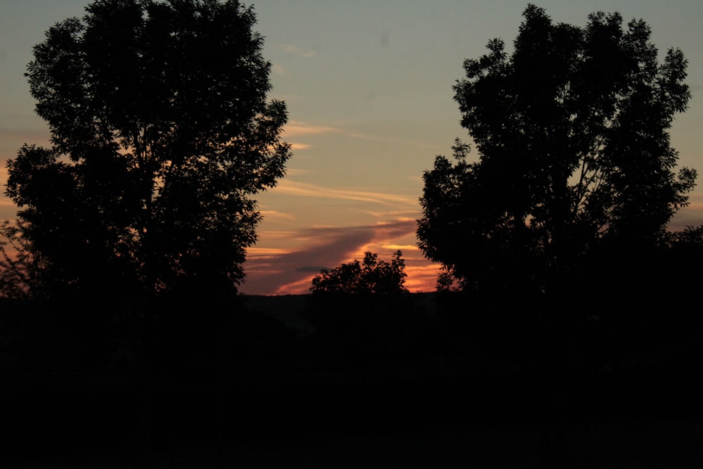 the sun is setting behind some trees