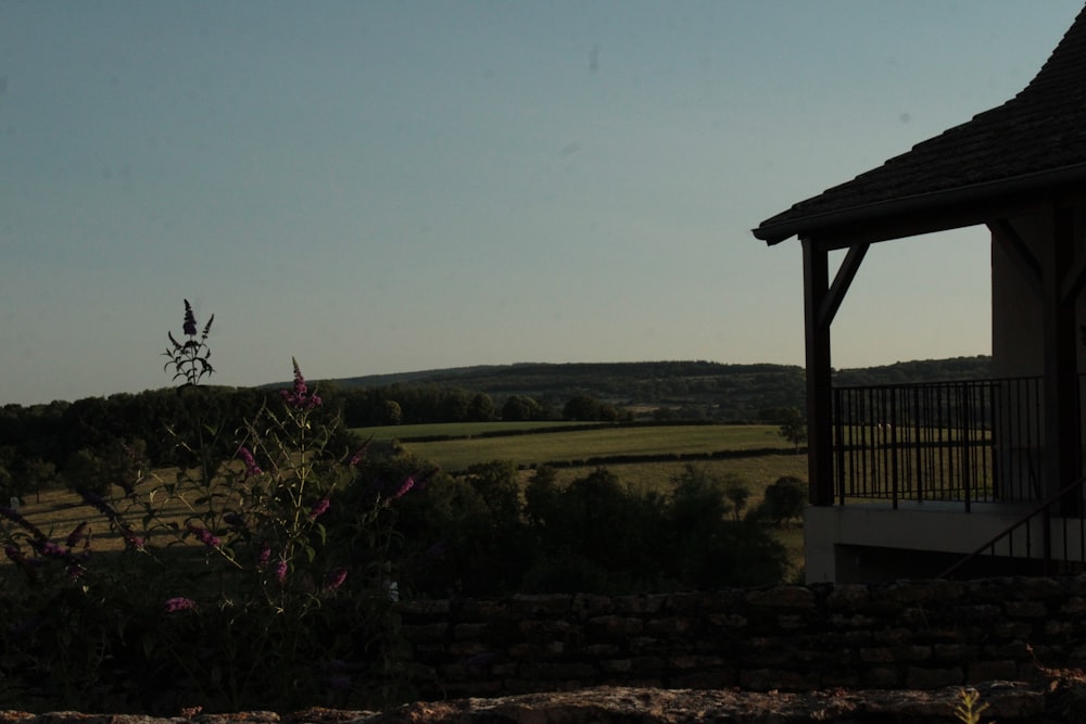 a view of a field from a house