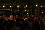 A lively crowd mingling at an outdoor event with string lights overhead in 2015.