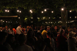 A lively community gathering outdoors with people sharing stories and music under string lights.