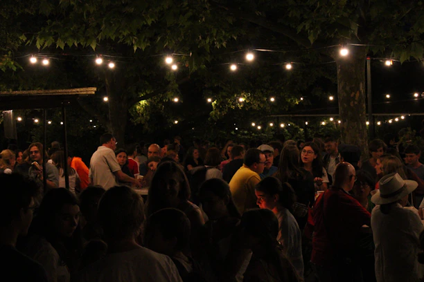 A lively group of friends enjoying an outdoor event under string lights at dusk.