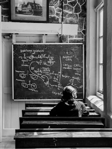 A person with their back to the camera is seated in a classroom, facing a blackboard filled with detailed chemical equations and diagrams. The room has wooden benches and desks, with large windows on one side allowing sunlight to illuminate the scene. There is a framed picture above the blackboard, and a stone-textured wall adds to the old-school ambiance.
