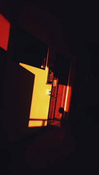 Sunlight casting shadows on an ornate metalwork door frame.