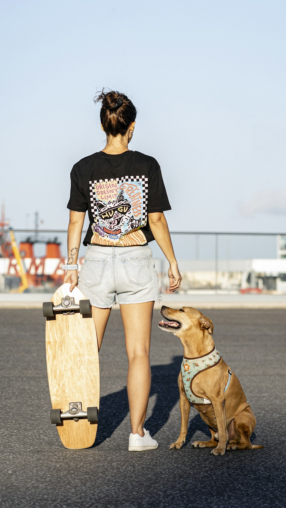 a woman walking a dog with a skateboard