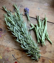 A bundle of fresh rosemary, several green beans, and a small sprig of lavender rest on a rustic wooden surface. The rosemary is green and bushy, the beans are light green and elongated, and the lavender adds a touch of purple.