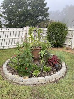 A garden bed featuring rich mulch, decorative rocks, and clean borders.