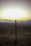 A barbed wire fence stretches across a field under an expansive sky with a bright horizon. The landscape includes dry grasses and a distant view of hills, suggesting open and rural surroundings.