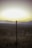A barbed wire fence stretches across a field under an expansive sky with a bright horizon. The landscape includes dry grasses and a distant view of hills, suggesting open and rural surroundings.