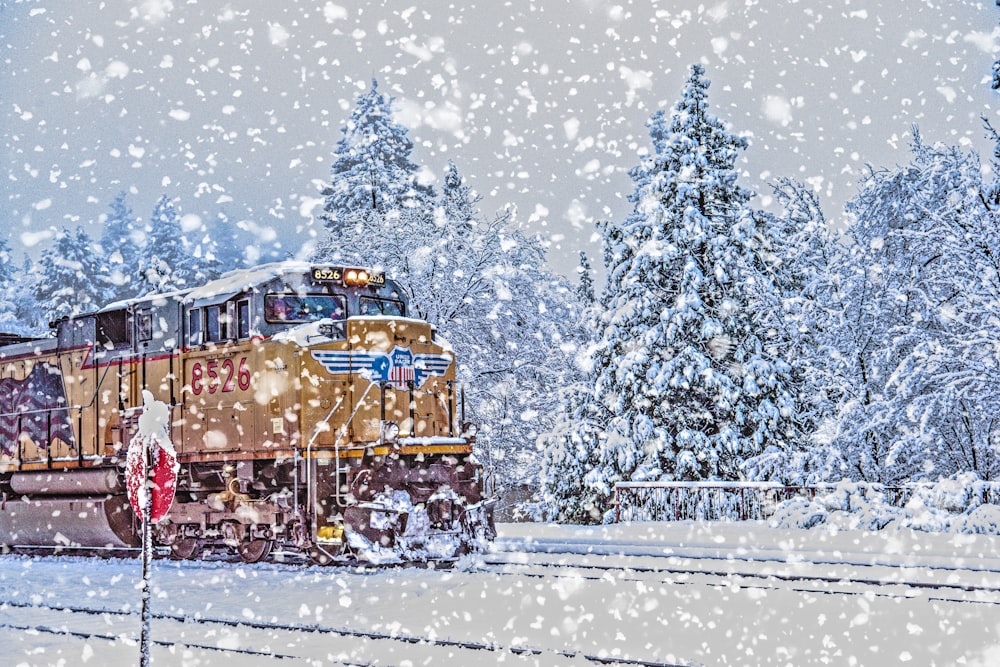 a train traveling through a snow covered forest