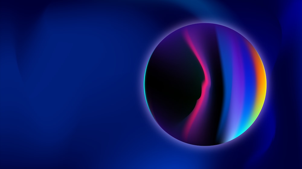 um fundo azul com um círculo colorido do arco-íris