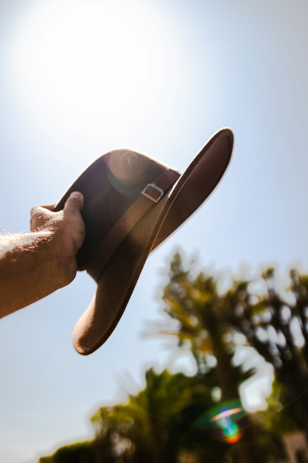 La mano de un hombre sosteniendo un sombrero frente al sol