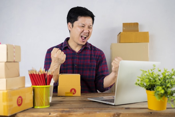 A person is sitting at a desk, expressing joy while looking at a laptop. The desk is cluttered with cardboard boxes, a plant in a yellow pot, and a container with red pencils. The background features more stacked cardboard boxes.