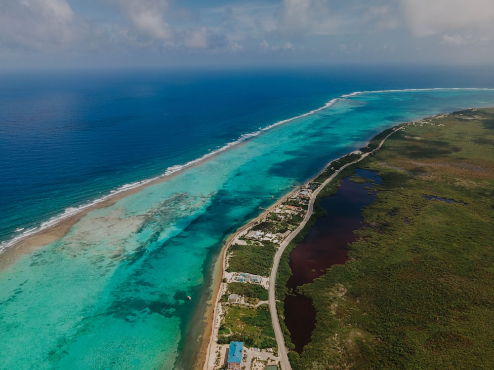 an aerial view of a beach and ocean