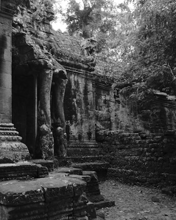 Ancient stone ruins with intricate carvings and overgrown plants in a forest setting, conveying a sense of mystery and history.