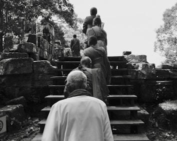 A group of individuals, some in robes, are ascending a set of stone stairs amidst ancient ruins surrounded by trees. The scene appears serene, with the forest setting and historical stones creating a sense of timelessness.