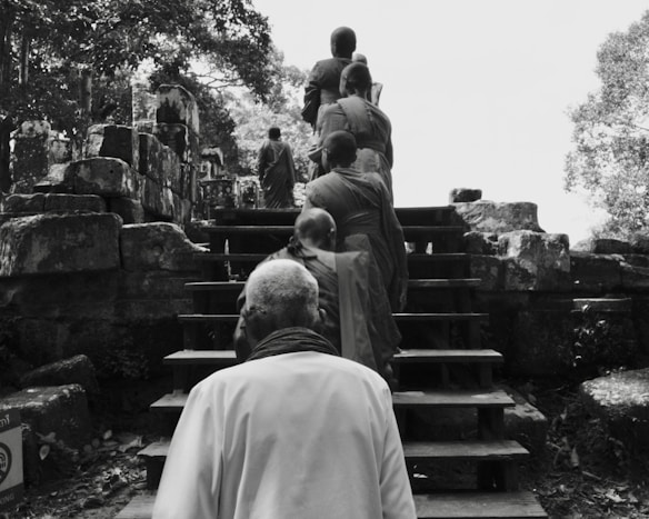 A group of individuals, some in robes, are ascending a set of stone stairs amidst ancient ruins surrounded by trees. The scene appears serene, with the forest setting and historical stones creating a sense of timelessness.