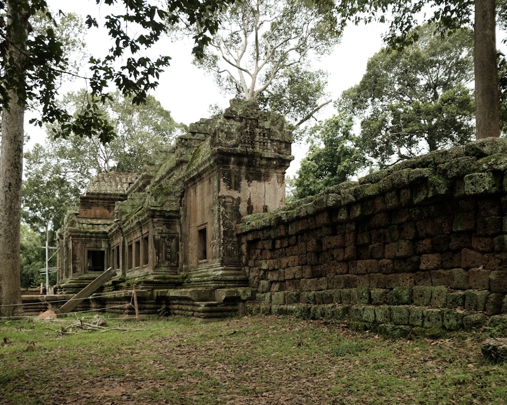 a stone structure in the middle of a forest