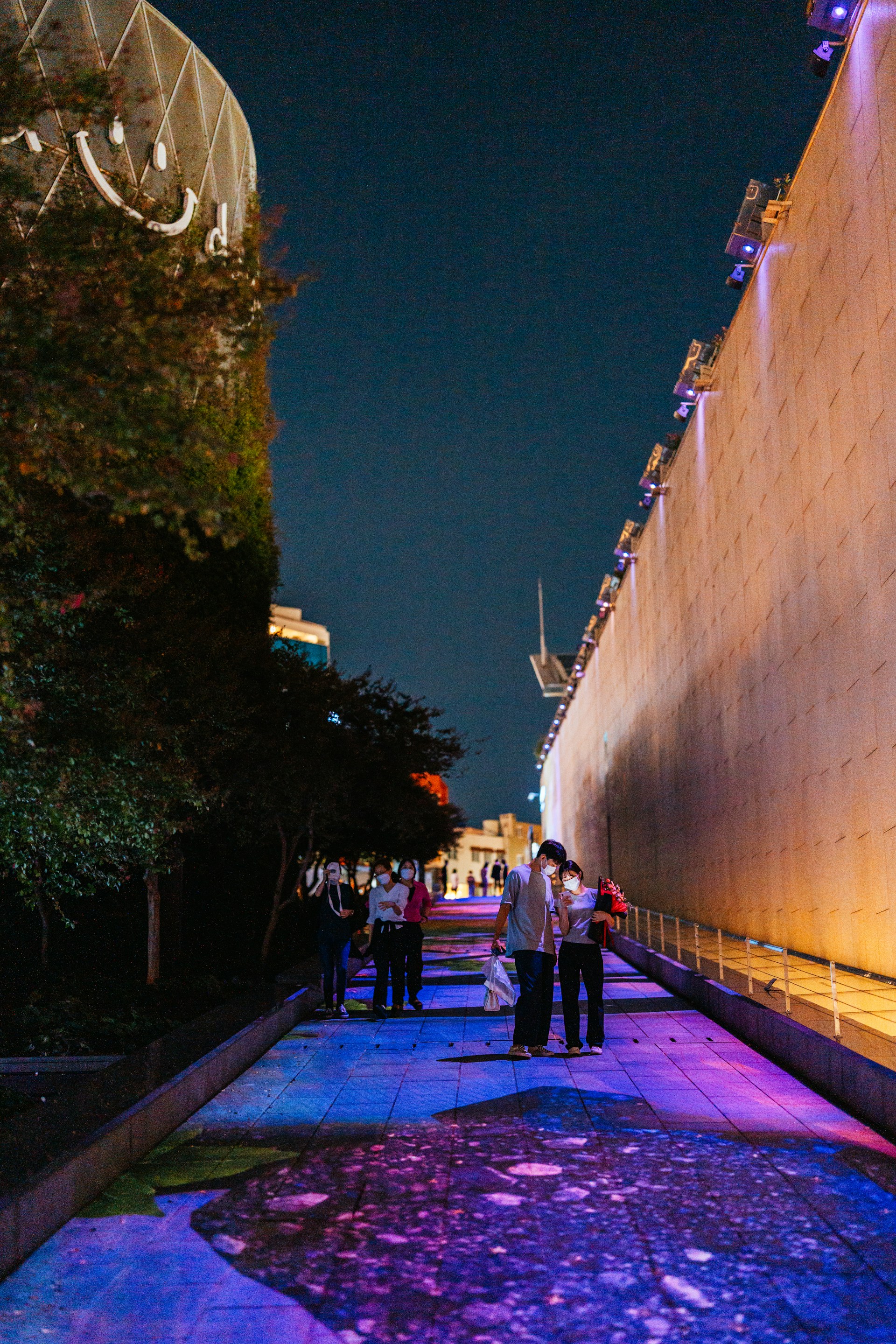 A nighttime scene with people walking along a lit path beside a large, illuminated building wall. The ground displays colorful projections, creating an artistic atmosphere. Trees are visible on the left side, and the sky is dark, indicating evening.