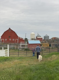 A family happily working together on their farm, surrounded by animals and nature.