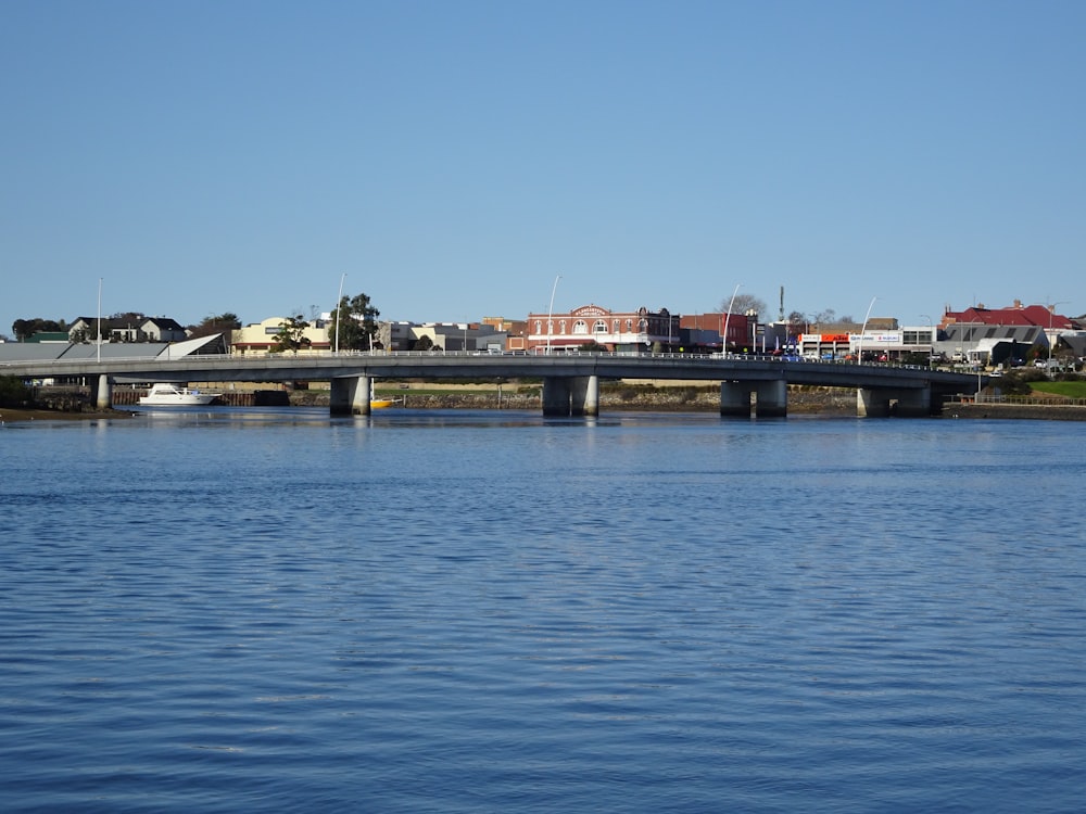 a bridge over a body of water with houses in the background